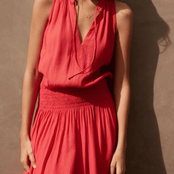 Brochu Walker Francine Crinkle Gauze Midi Dress Vermillion Red XS - Picture 2 of 8